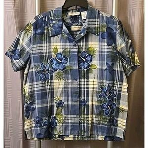 Lemon Grass Top Blouse Set Blue Plaid XL Shirred Tank Cami Summer Travel